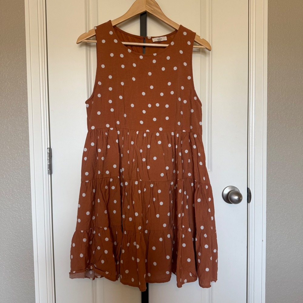 Entro Rust Polka Dot Tiered Babydoll Mini Dress Sleeveless Pockets Womens Large - Picture 2 of 10